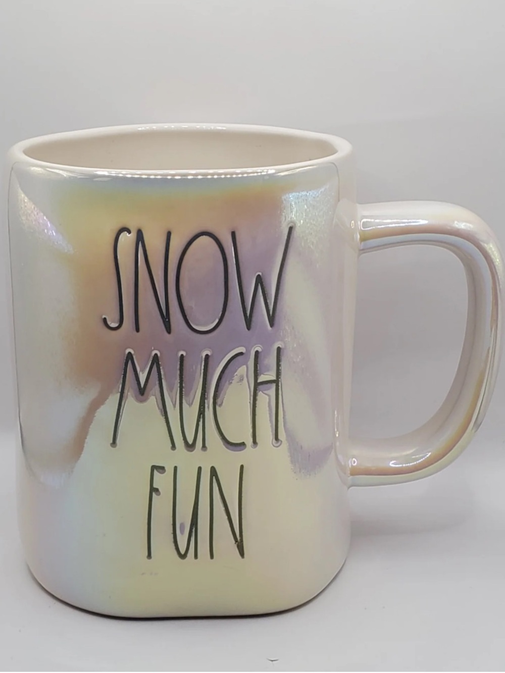 Rae Dunn White Iridescent Snow Much Fun Coffee Tea Cocoa Mug